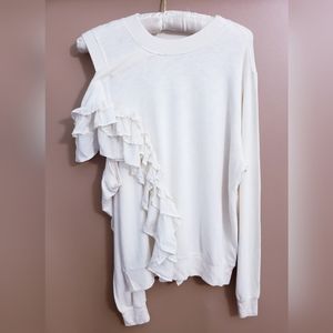 Clu Womens Paneled Ruffle Sweat Shirt  Ivory Size Medium